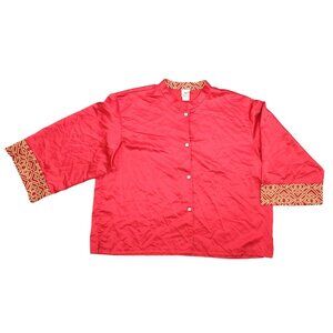Women's Natori Chinese Style Button Down Blouse Wide Sleeves XL Red Shiny Look